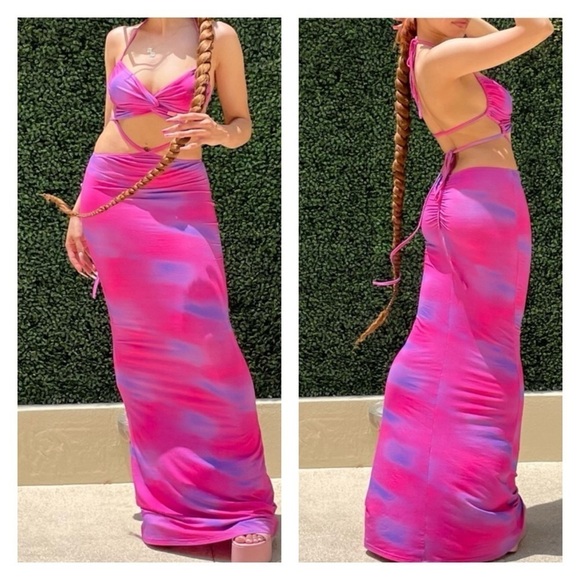 I.AM.GIA Pink Purple Cloud Print Karlie Cutout Halter Bodycon Maxi Dress S Sexy - Picture 13 of 16